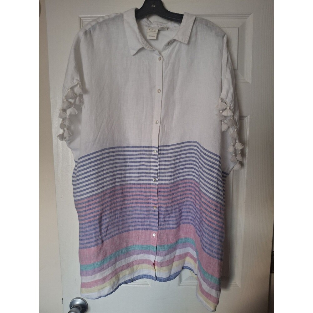C & C California Linen Womens Top Short Sleeve 1X Tassels Striped Boho Oversized